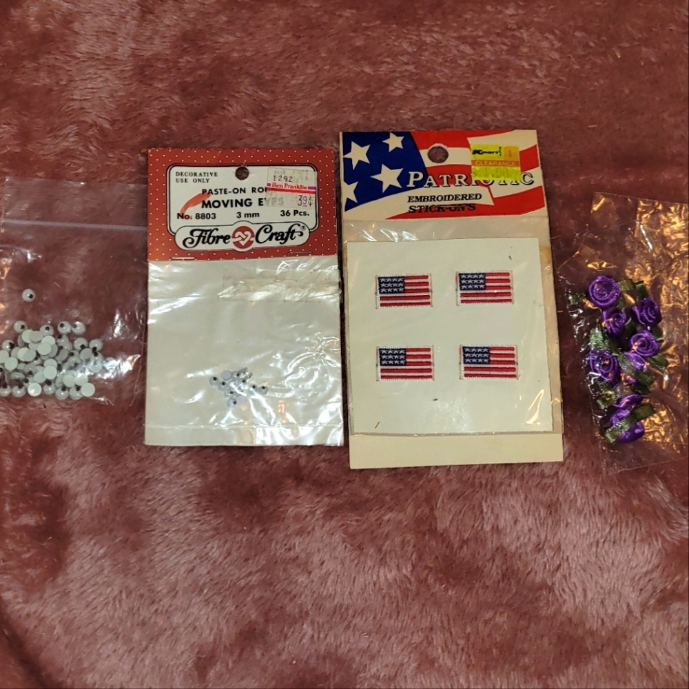Vintage Google Eyes, US Flag Applique (4), & Purple Rosettes Bundle